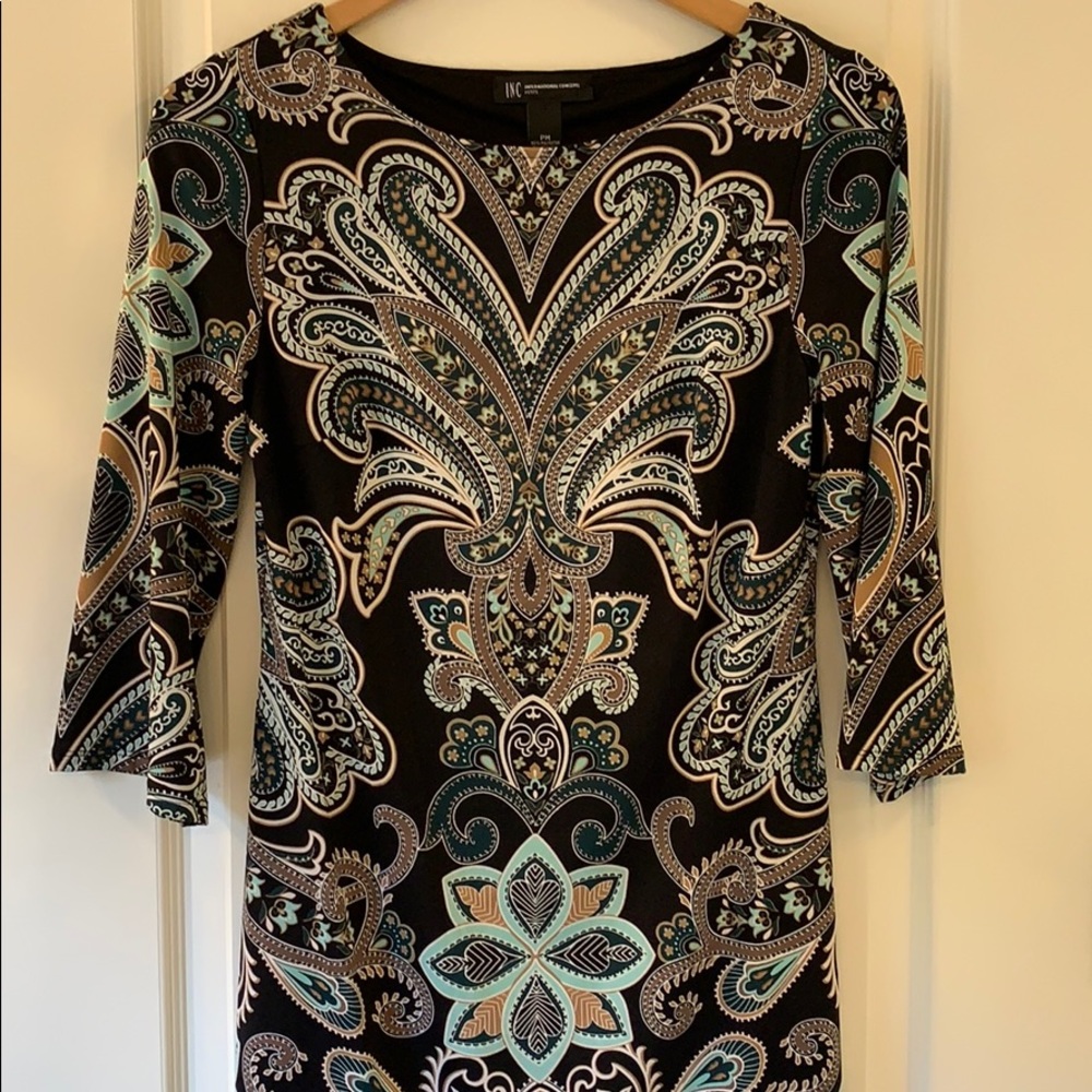 INC navy patterned shift dress boat neck
